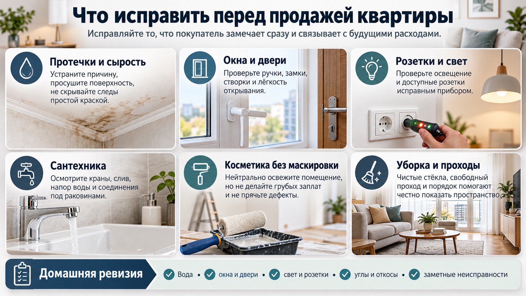 Проверка сантехники, окон, электрики и отделки перед продажей квартиры.