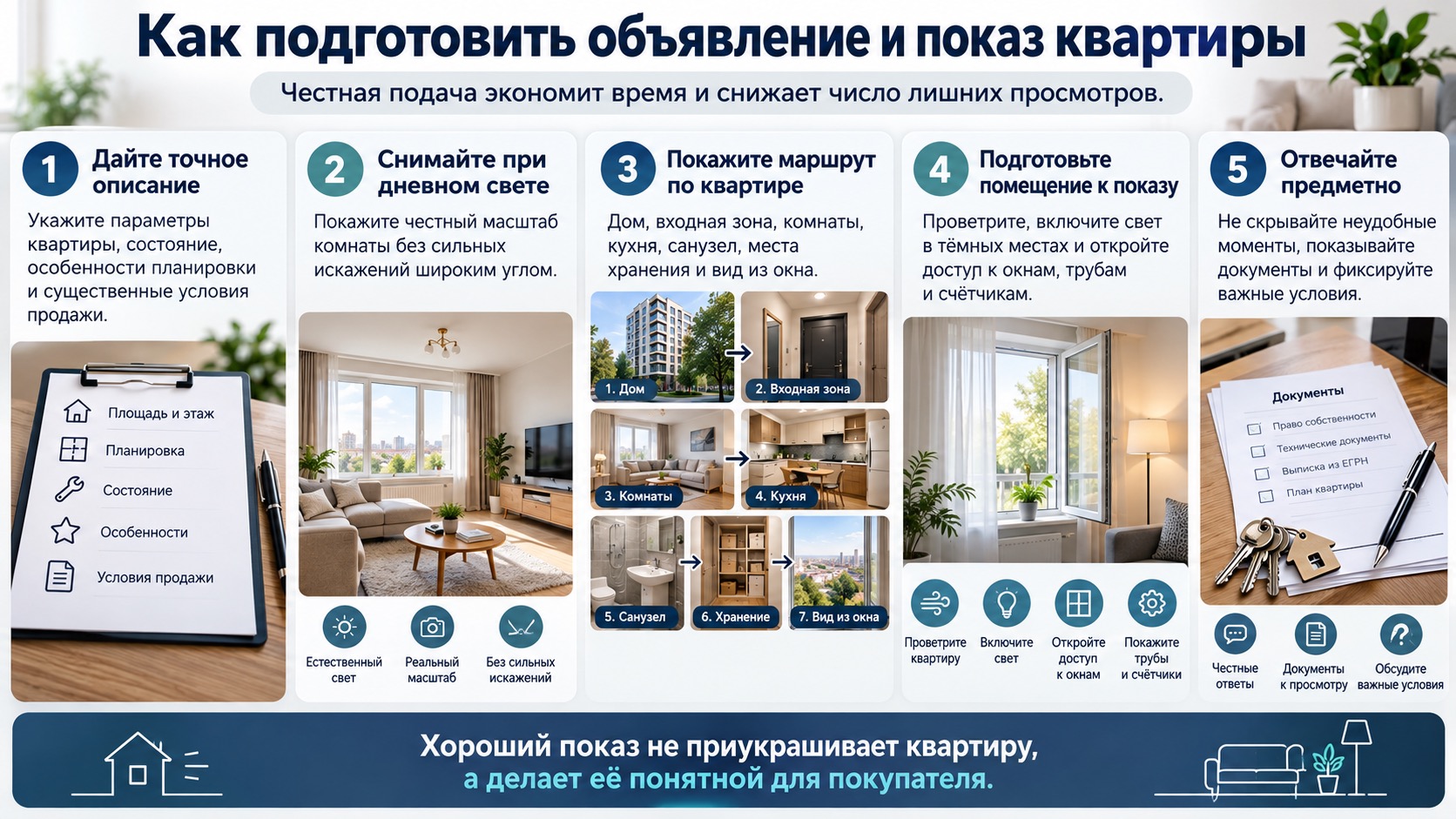 Пять шагов подготовки объявления, фотографий и показа квартиры покупателю.